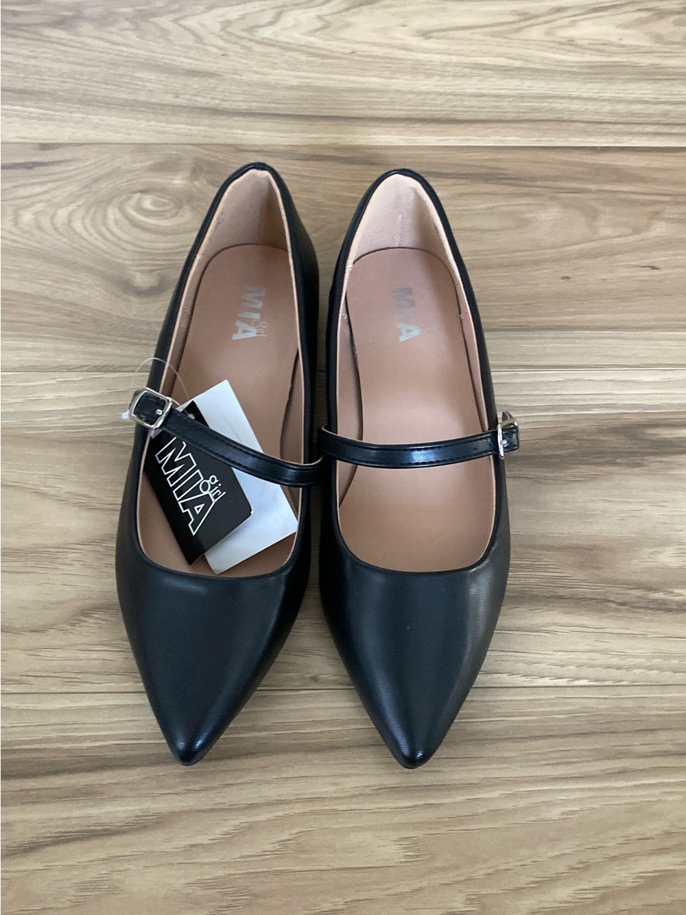 MIA Black Pointed Mary Jane Flats with Buckle Strap